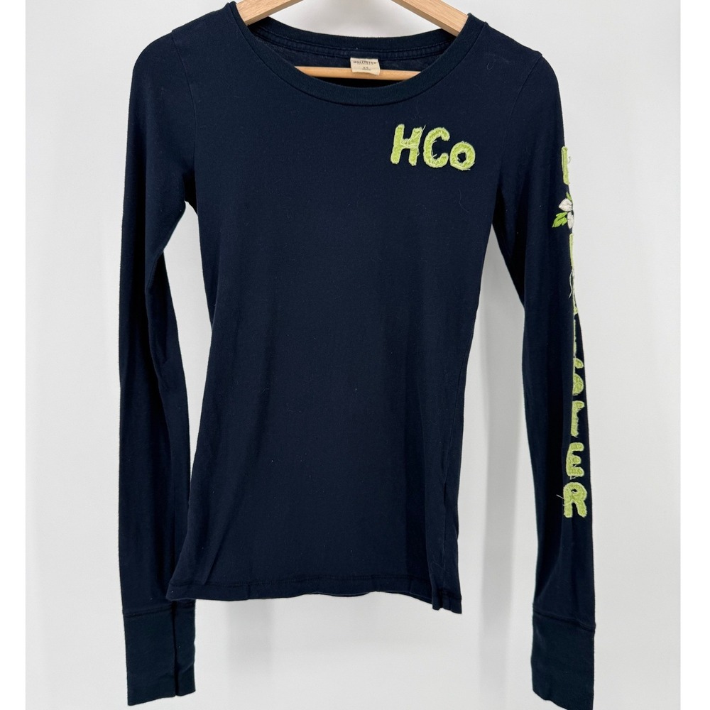 Hollister Long Sleeve Tee Women XS Navy Blue Green Embroidered Logo Sleeve